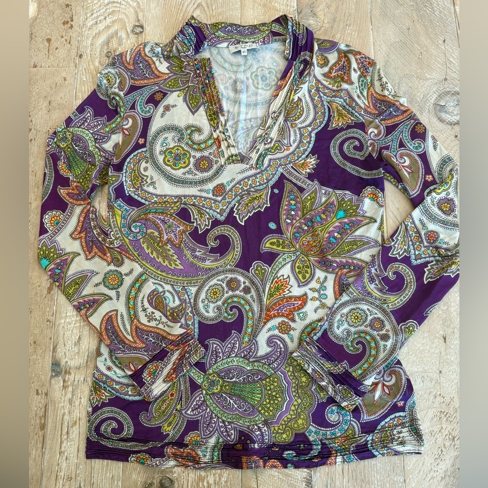 Etro Milano Purple Paisley Blouse with Teal and Gold Accents
